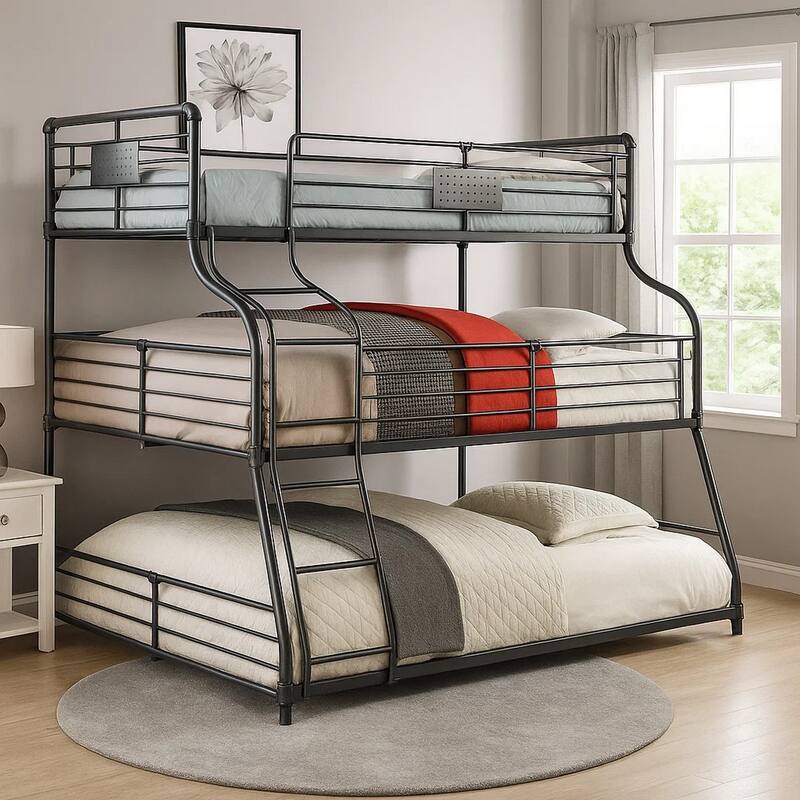 Oggy 3 Tier Twin over Full over Queen Triple Bunk Bed, Black Metal