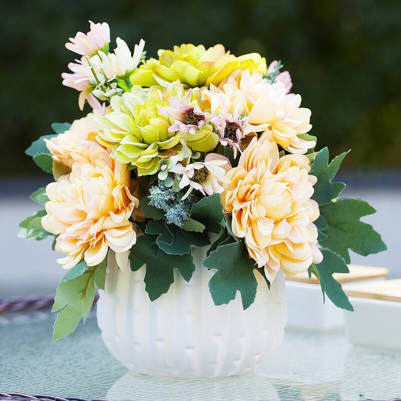 Enova Home Artificial Silk Daisy and Mixed Fake Flowers Arrangement in White Ceramic Pot for Home Garden Decoration