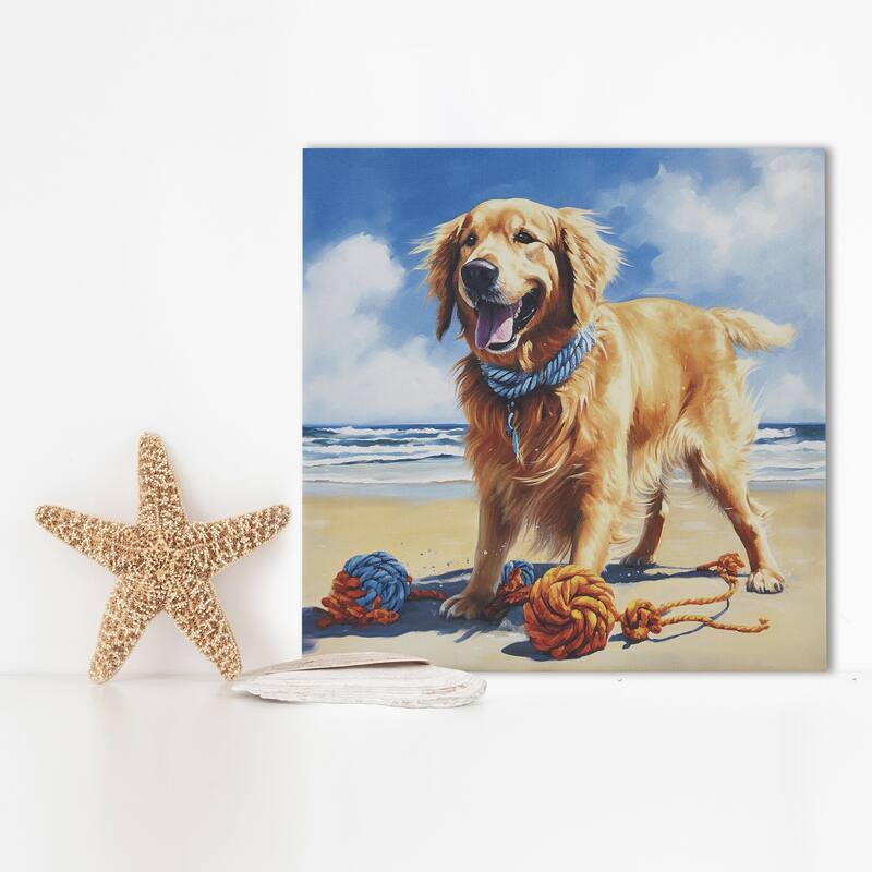 Madison Park Beach Dogs Canvas Wall Art - Golden Retriever/Blue Multi