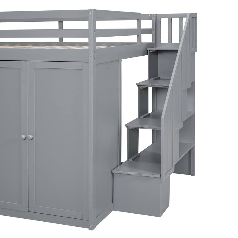 Full Size Gray Wood Loft Bed with Built-in Wardrobes, Cabinets, and Drawers