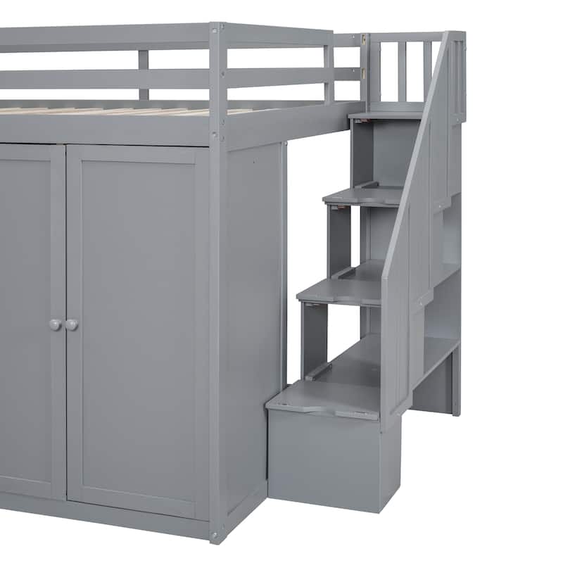 Full Size Wood Loft Bed With Built-in Wardrobes, Cabinets and Drawers