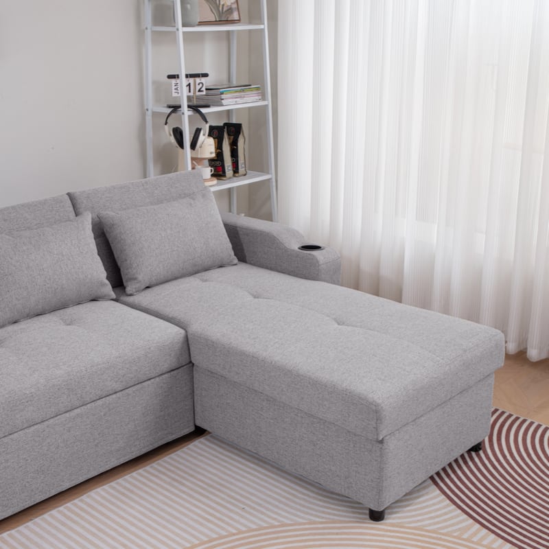 84"Adjustable Backrest Sofa Bed,3 in 1 Linen Sleeper with USB Ports & Cup Holders, Pull Out Couch Bed with Storage Chaise