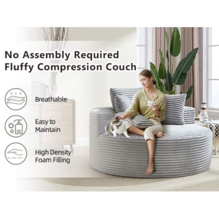 Round Memory Foam Sofa Bed, Cloud Sectional Couch with 3 Pillows for Living Room