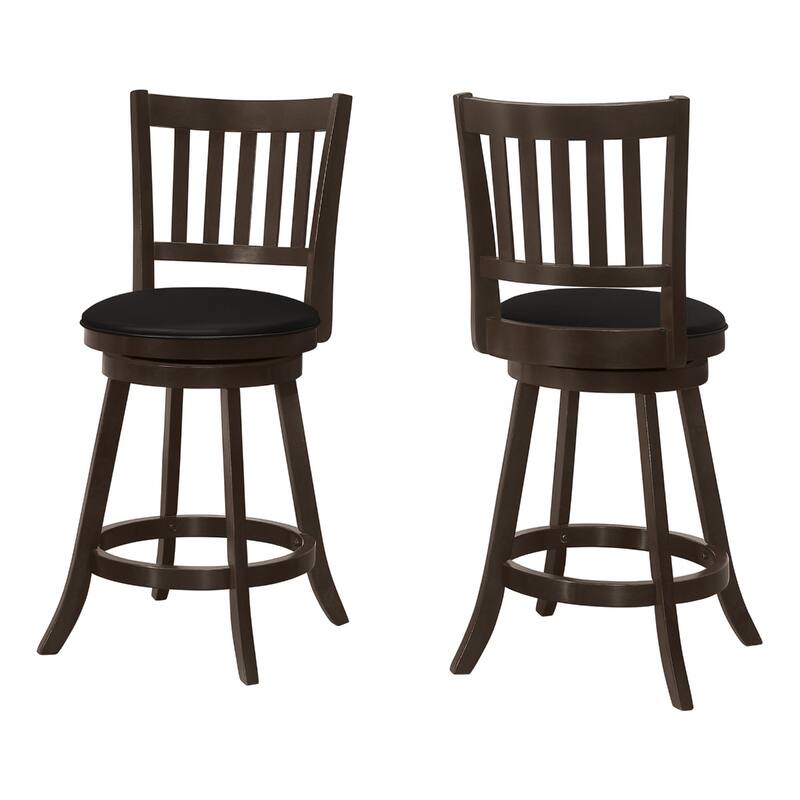 Set of 2 Swivel Round Faux Leather Seat Bar Stool with Full Back and Footrest Wood Legs for Kitchen - Black-Espresso-23"