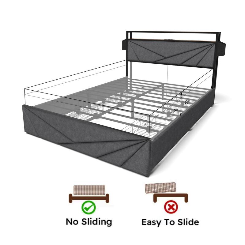 LED Queen Bed Frame with Storage Headboard and Charging Station