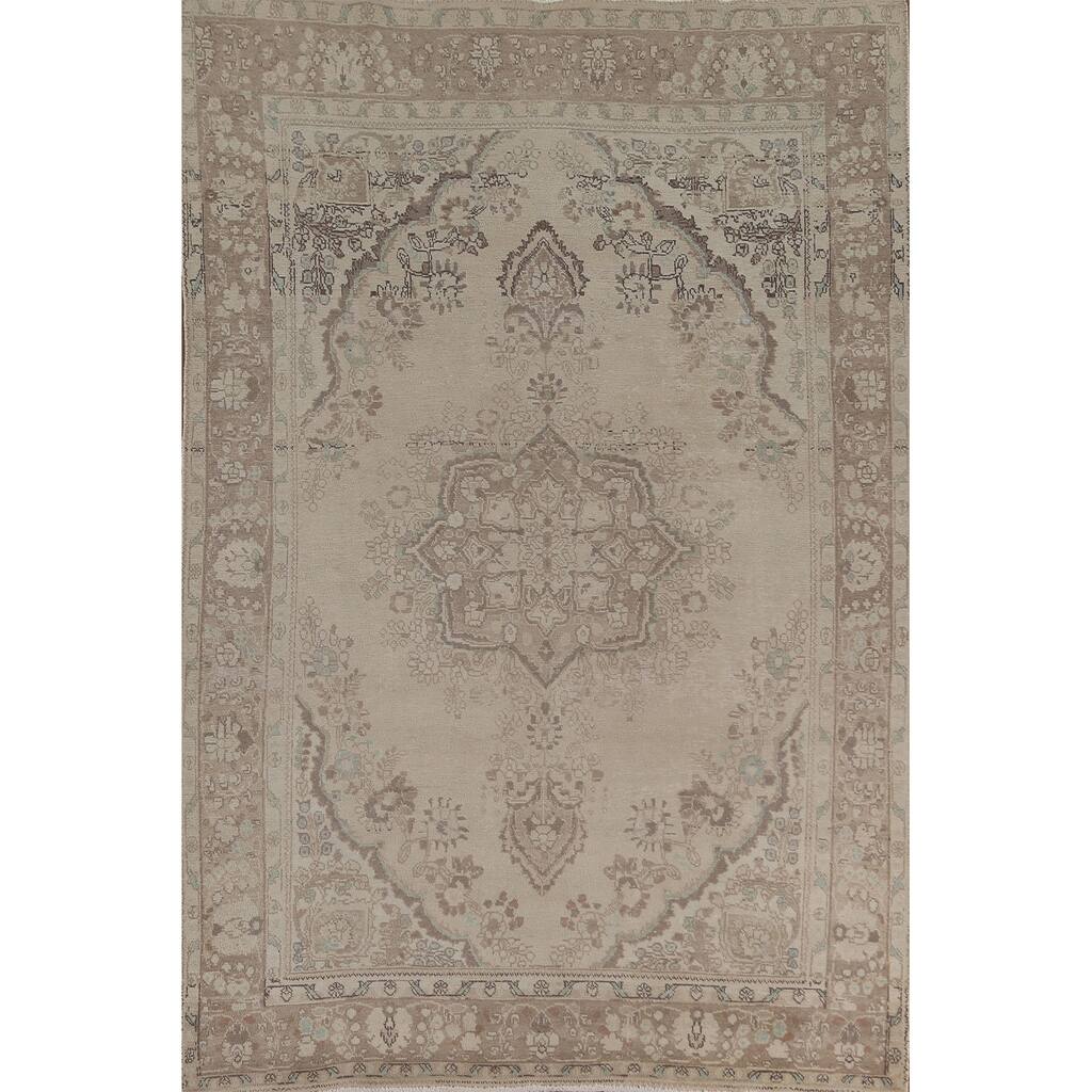Distressed Tabriz Persian Vintage Rug Handmade Floral Wool Carpet - 6'3"x 9'9"