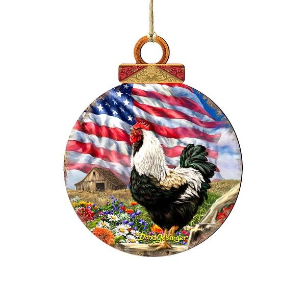 slide 2 of 5, Set of 2 Rooster American Flag Wooden Christmas Ornaments 5.5"