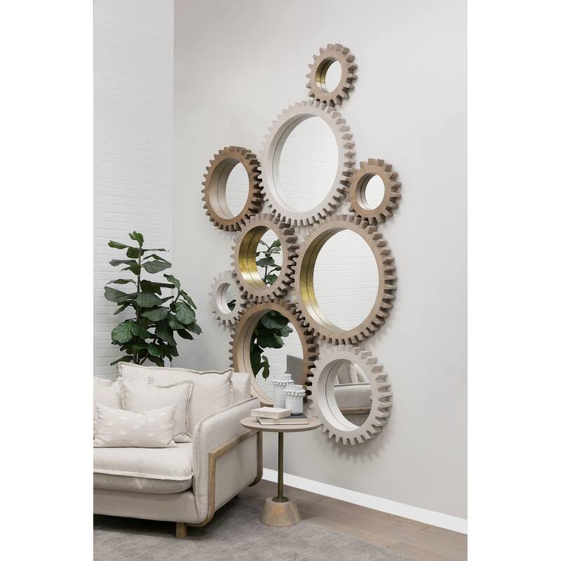 Sterling Off-White Solid Wood Frame Round Cog Mirror