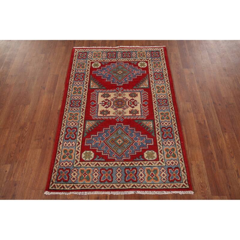 Geometric Red Kazak Accent Rug Handmade Red Wool Carpet - 2'9" x 4'1"