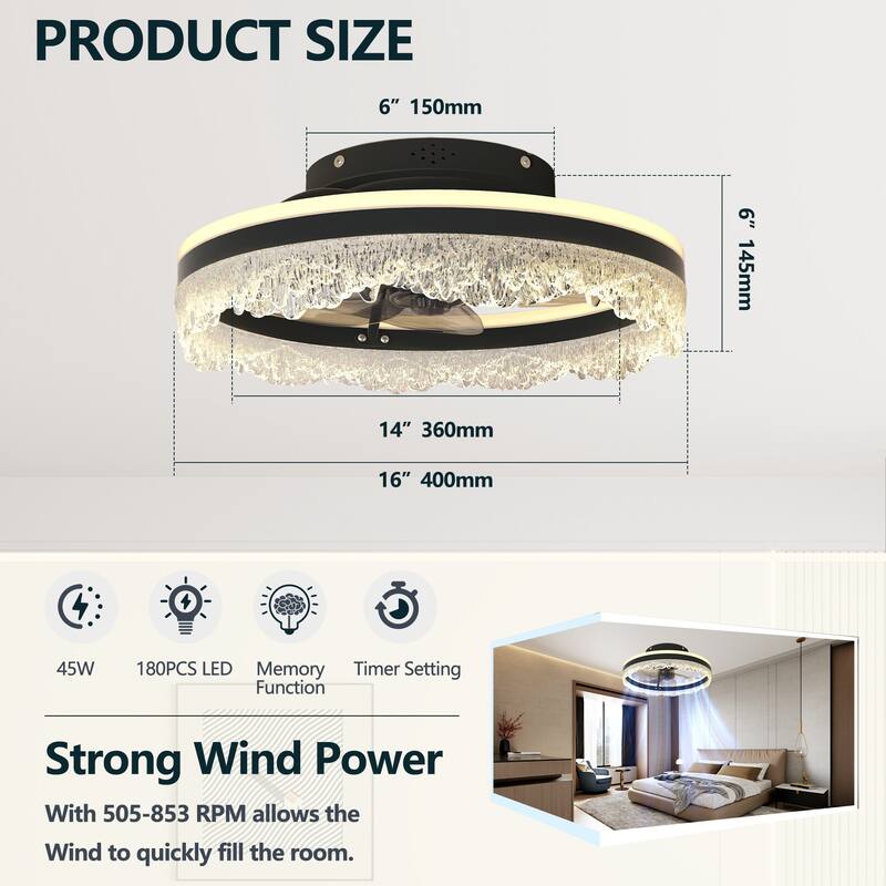 16" Quiet Ceiling Fan with Light - LED Crystal Flush Mount Fan Lamp with Hidden Blades and Natural Airflow - Black