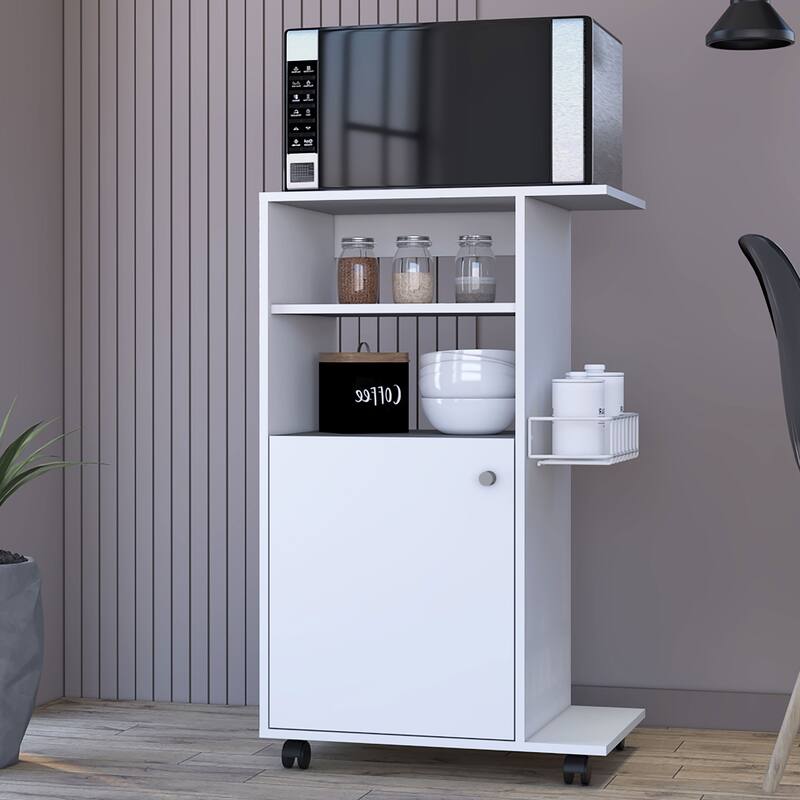 Black Kitchen Cart with One-Door Cabinet, 27.96" Microwave Countertop, Four Casters, Easy Setup - White