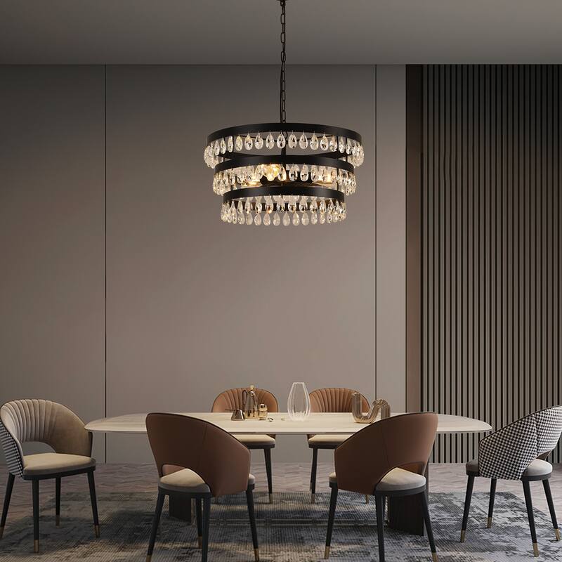 3 - Light 3 - Tier Crystal Chandelier, Black Iron Frame, Ceiling Pendant - Matte Black