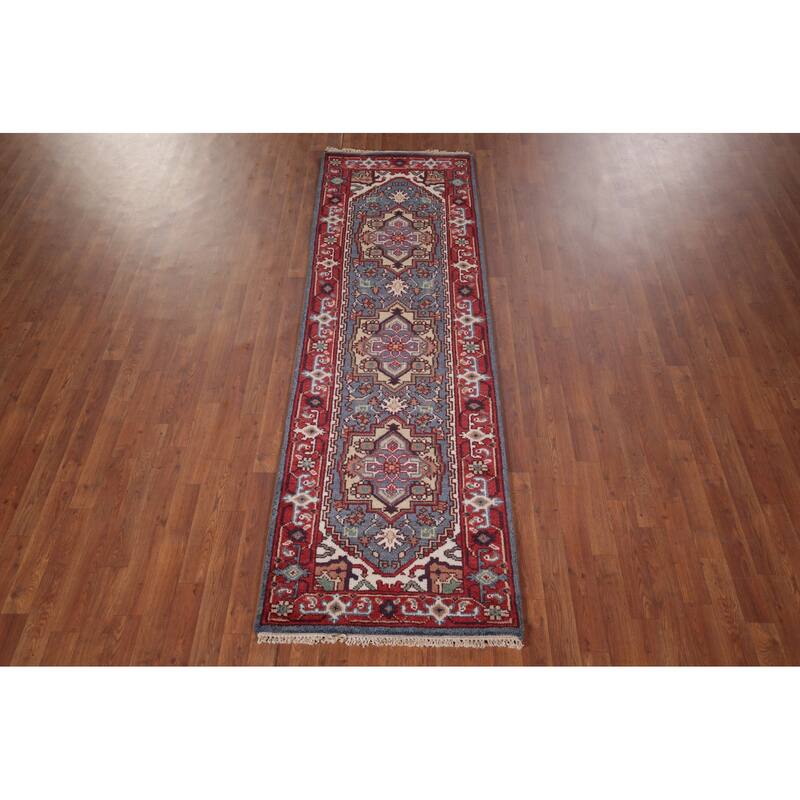 Blue Kazak Oriental Runner Rug Hand-Knotted Geometric Wool Carpet - 2'7"x 8'3"