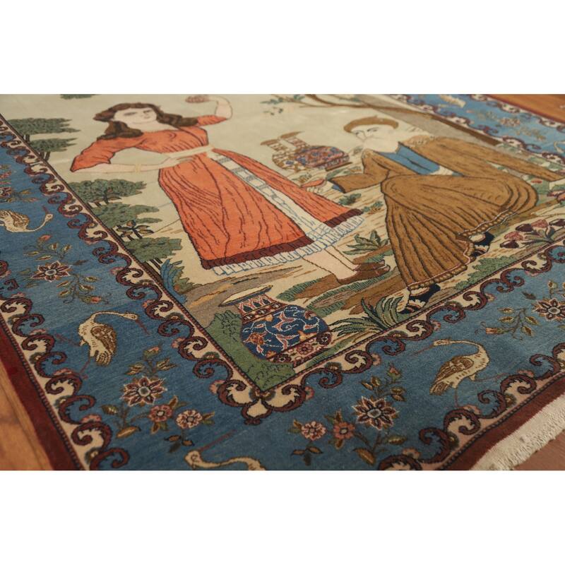 Hand Knotted Oriental 100% Wool Carpet Traditional Pictorial Green Kashan Area Rug - 6' 8'' X 4' 6''