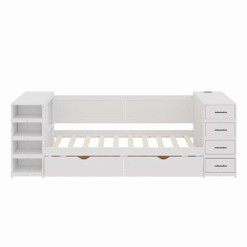 White Twin Daybed with Desk - Storage Bed with Shelves, Drawers & Charging Station