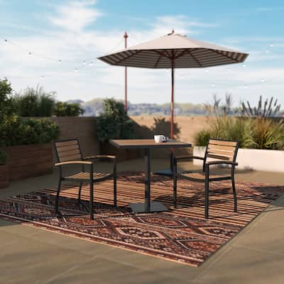 2 Faux Teak Accented Club Chairs and 30" Square Faux Teak Patio Table Set