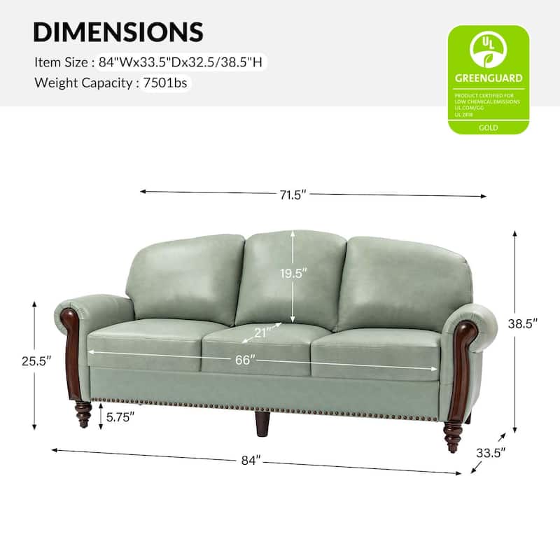 Eduard 84" Traditional Genuine Leather Sofa with Carved Wood Legs by HULALA HOME