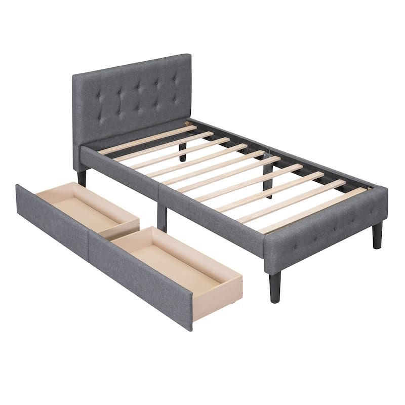Grey Upholstered Twin Platform Bed with Button Tufted Headboard and Storage Drawers