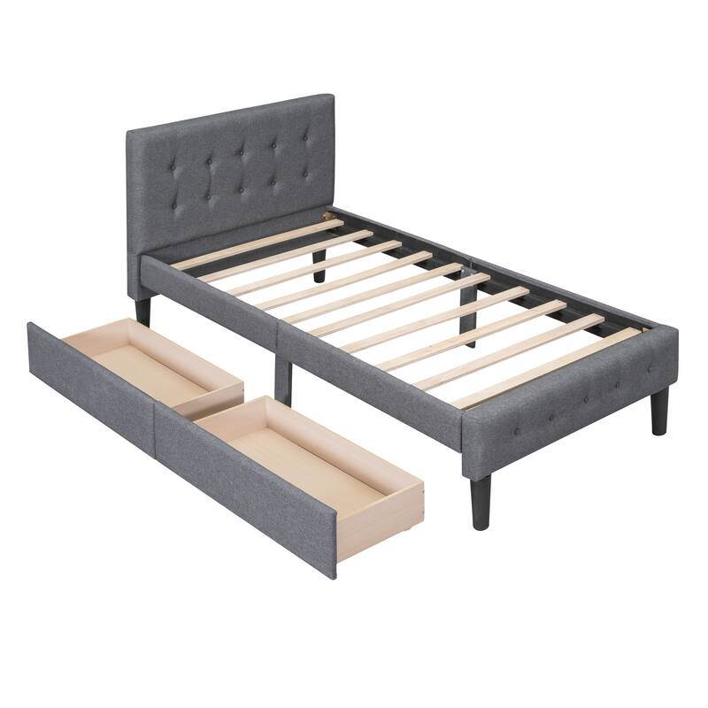 Twin Linen Platform Bed with Drawers & Tufted Headboard
