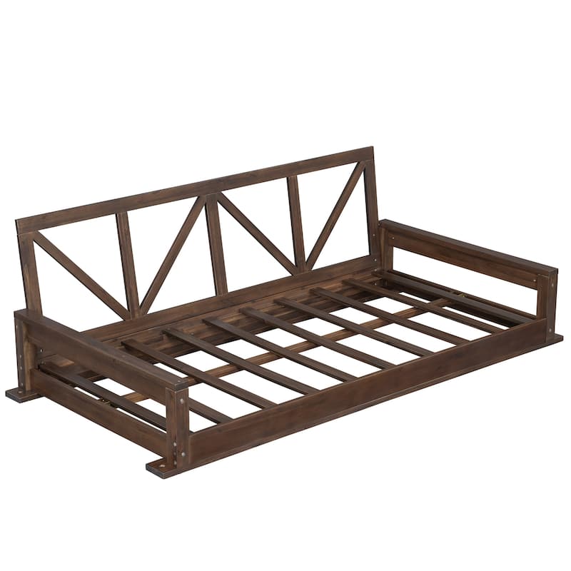 Acacia Wood Twin Size Patio Swing Bed Modern Porch Swing Hanging Bed Frame with 16.4ft Hemp Ropes