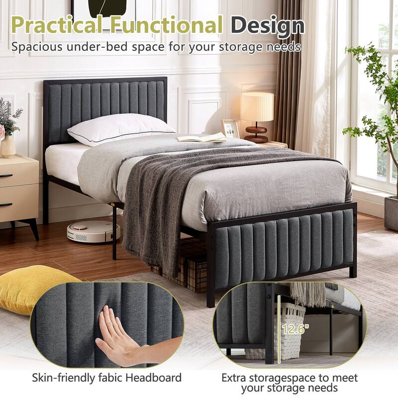 Javlergo Bed Frames with Upholstered Tufted Headboard and Footboard Heavy Duty Steel Slats Platform No Box Spring Needed
