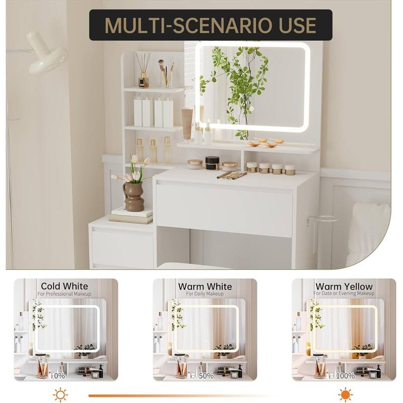 4 Drawer Makeup Vanity Desk Set with Power Outlet, USB Ports, Stool