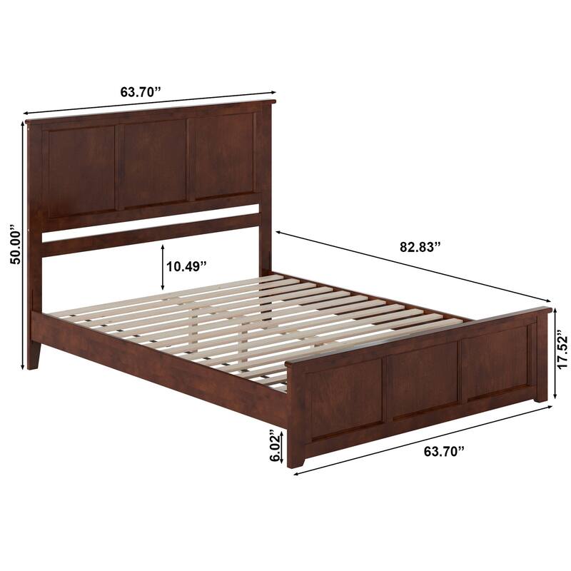 Low Profile Wood Platform Bed with Footboard & Charging Station - Walnut Finish - 82" L x 63" W x 50" H
