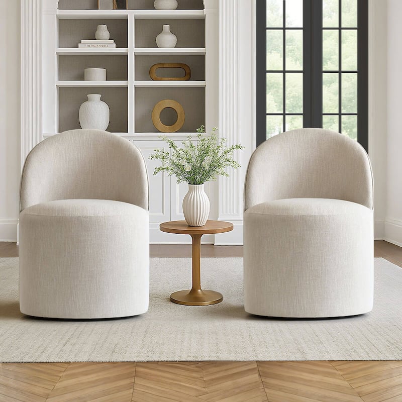 Linen Rolling Upholstered Dining Chair with Wheels (Set of 2)