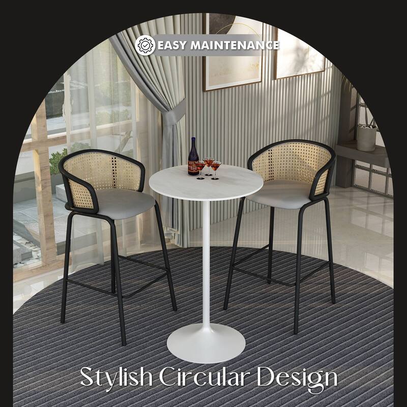 LeisureMod Verve 27" Bar Dining Table with Sintered Stone Round Top in White Steel, White Marbleized