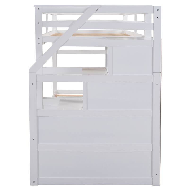 Twin-Over-Twin Bunk Bed with Trundle and Storage Stairs, White