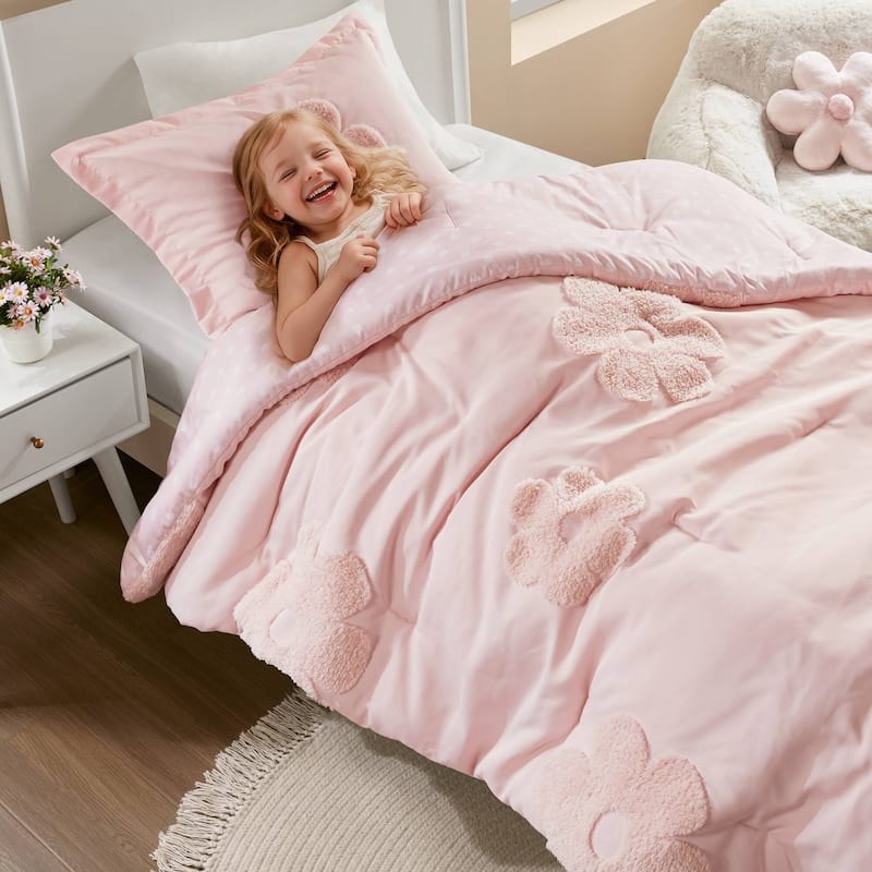 Intelligent Design Kids Gracie Floral Reversible Tufted Chenille Comforter Set with Flower Throw Pillow