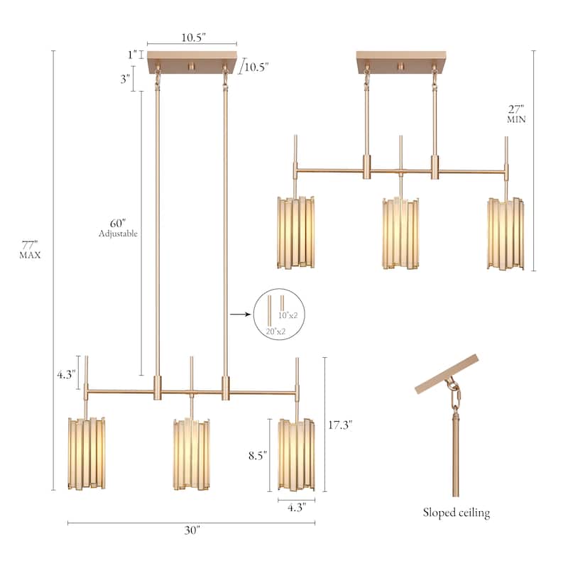 Tifany Moden Gold 3-Light Chandelier Textured Colored Glass Kitchen Island Light - L 30" x W 4.3" x H 17.3"