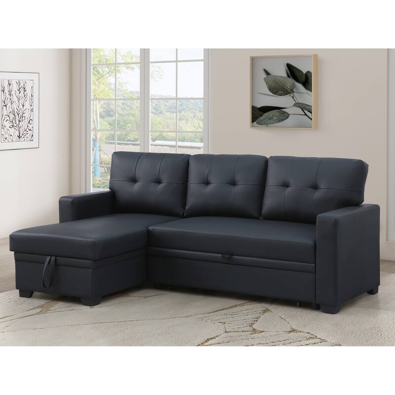 Contemporary Upholstered Storage Convertible Sectional Sofa with Pull-out Chaise - Black - Reversible