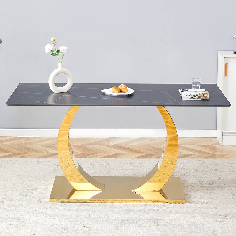 Sintered Stone Dining Table,Rock Slab Desktop,Burnt Stone With Marble Texture Sticker, Stainless Steel Metal Table Legs