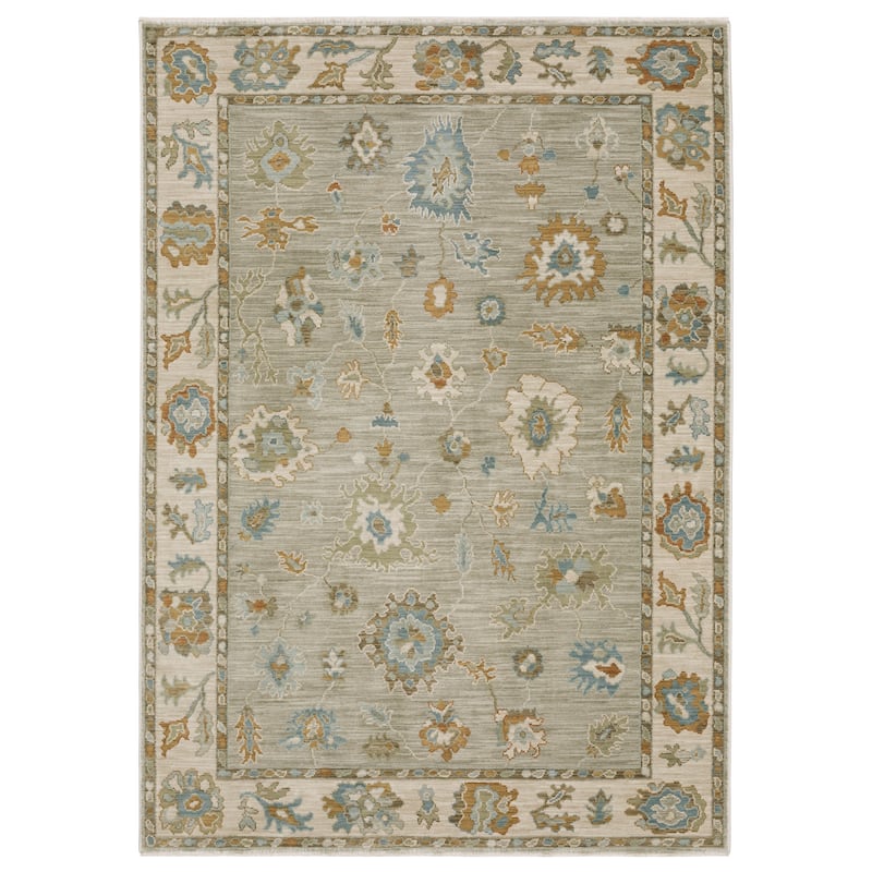 Meadow Bordered Oriental Grey/ Blue Area Rug - 9' 10" x 12' 10" - Rectangle