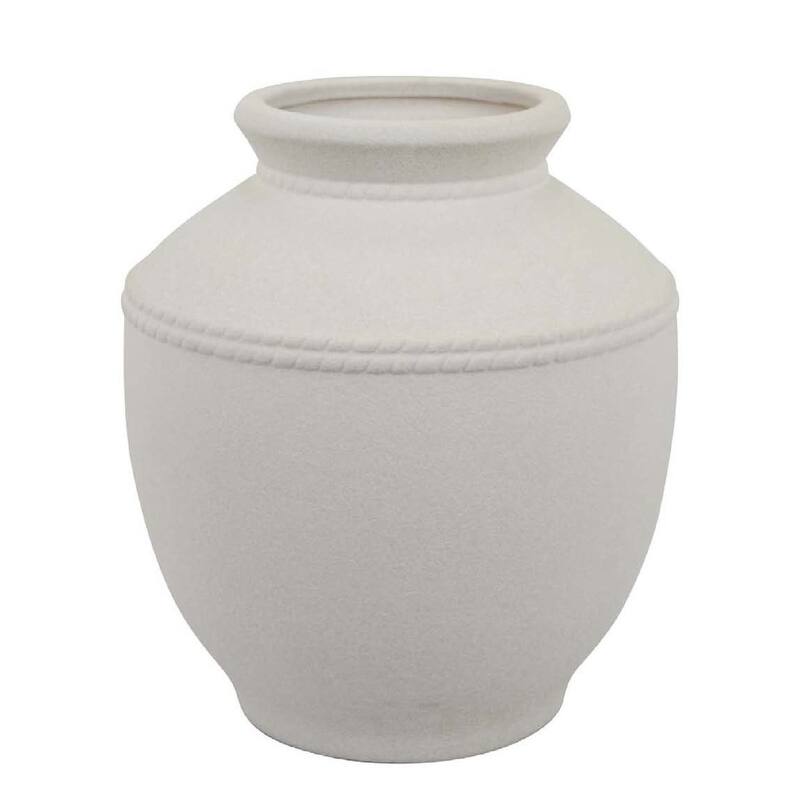 Samie Round Accent Vase, Rope-Like Details, White Ceramic 12 Inch