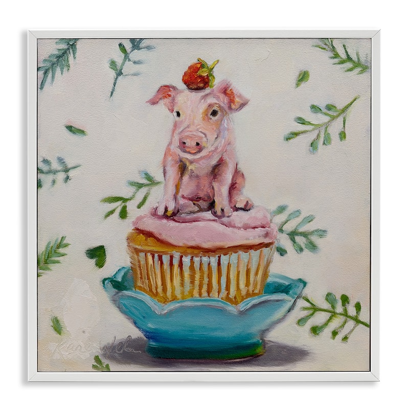 Stupell Charming Teacup Pig on Strawberry Cupcake Dessert Framed Wall Art, 12x12 - 17 x 17 - White