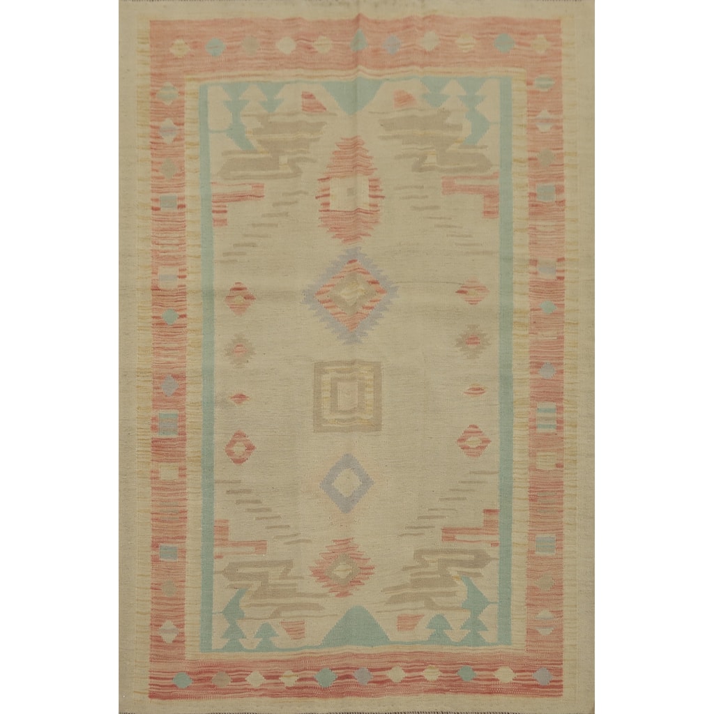 Hand Woven Southwestern Wool Beige Geometric Area Rug - 6' 5'' X 4' 8''