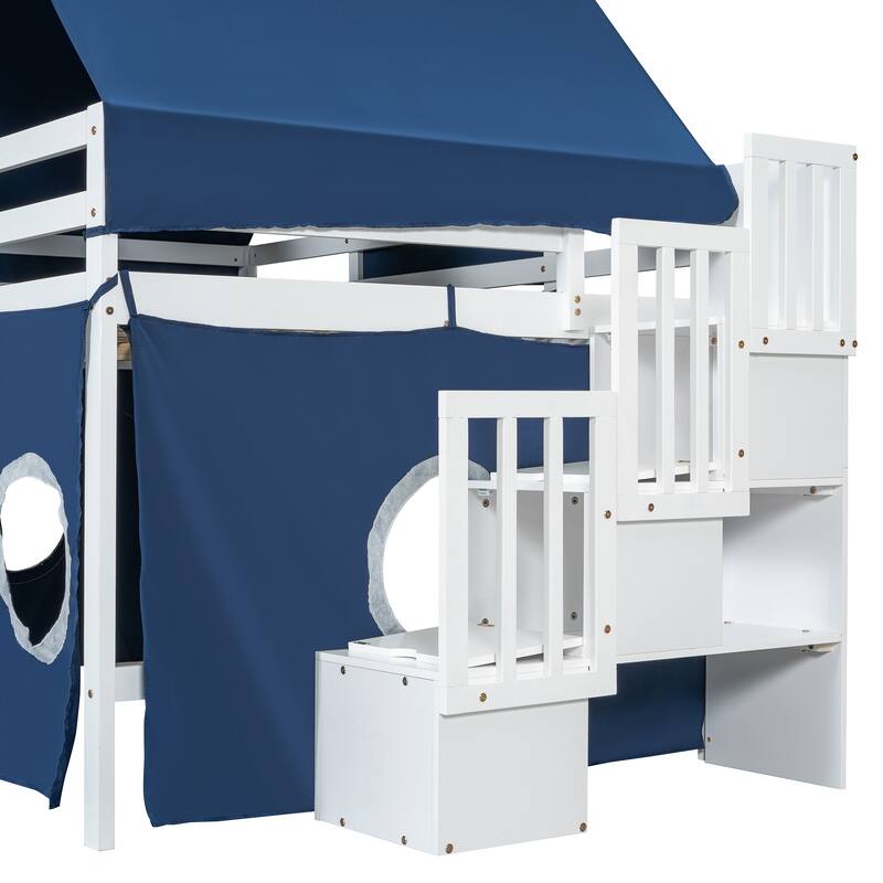 Roomfitters Full Size Loft Bed with Slide, Tent Canopy and Tower, Multi-Functional Sleep Space