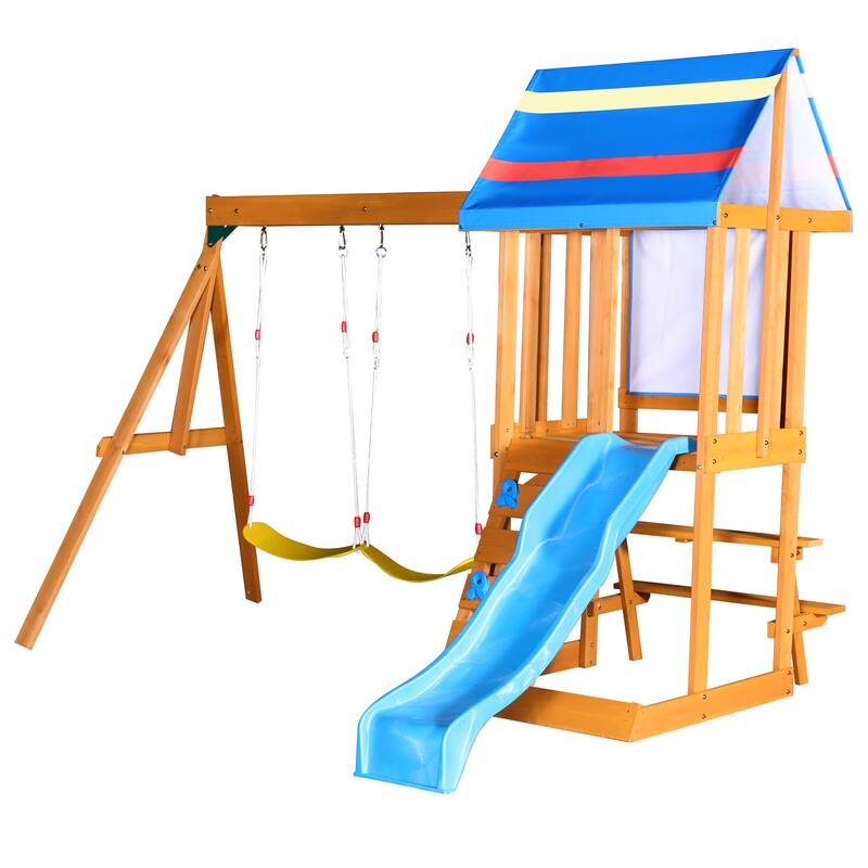 3-in-1 Wooden Outdoor Swing Set - Blue