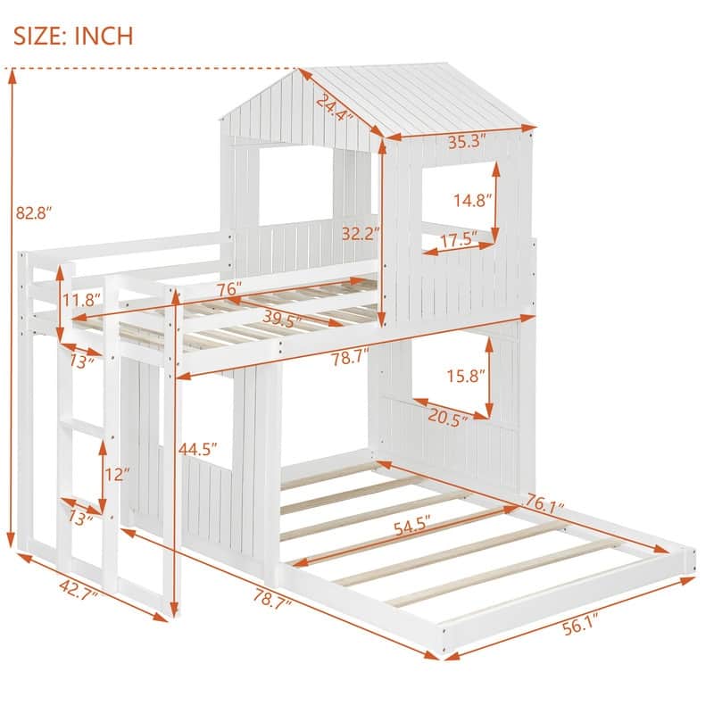 Wooden Twin Over Full Bunk Bed, Loft Bed with Playhouse, Ladder and Guardrails
