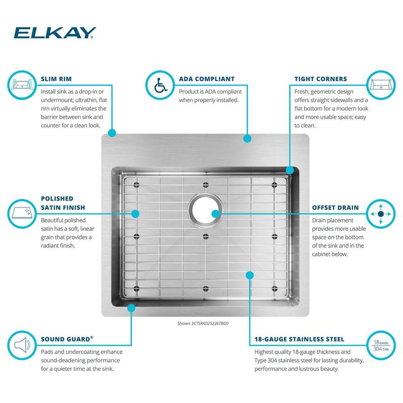 Elkay Crosstown Stainless Steel 25" x 22" x 6", Single Bowl Dual Mount ADA Sink Kit