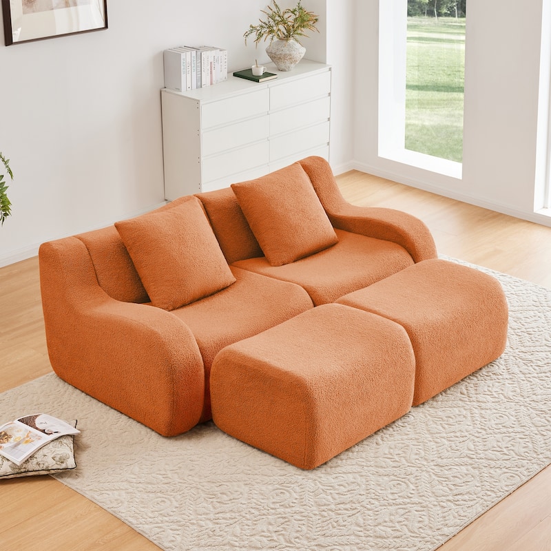 Teddy Fabric Boneless Sectional Sofa Set with 2 Ottoman, Modern Chaise Lounge Sofa with Curved Armrests, Anti-Slip Base