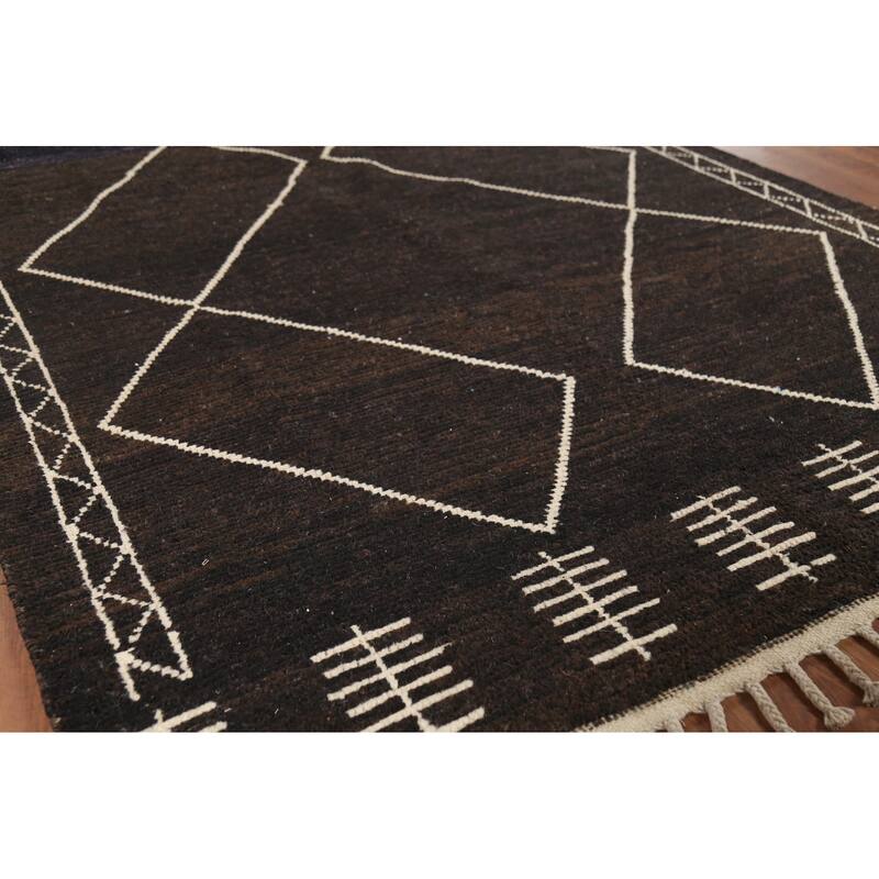 Dark Brown Trellis Moroccan Oriental Area Rug Hand-Knotted Wool Carpet - 5'11"x 9'7"