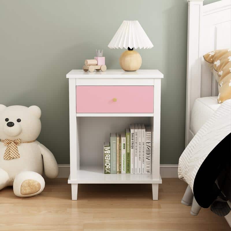26.77''H Wooden Nightstand with One Drawer One Shelf for Kids