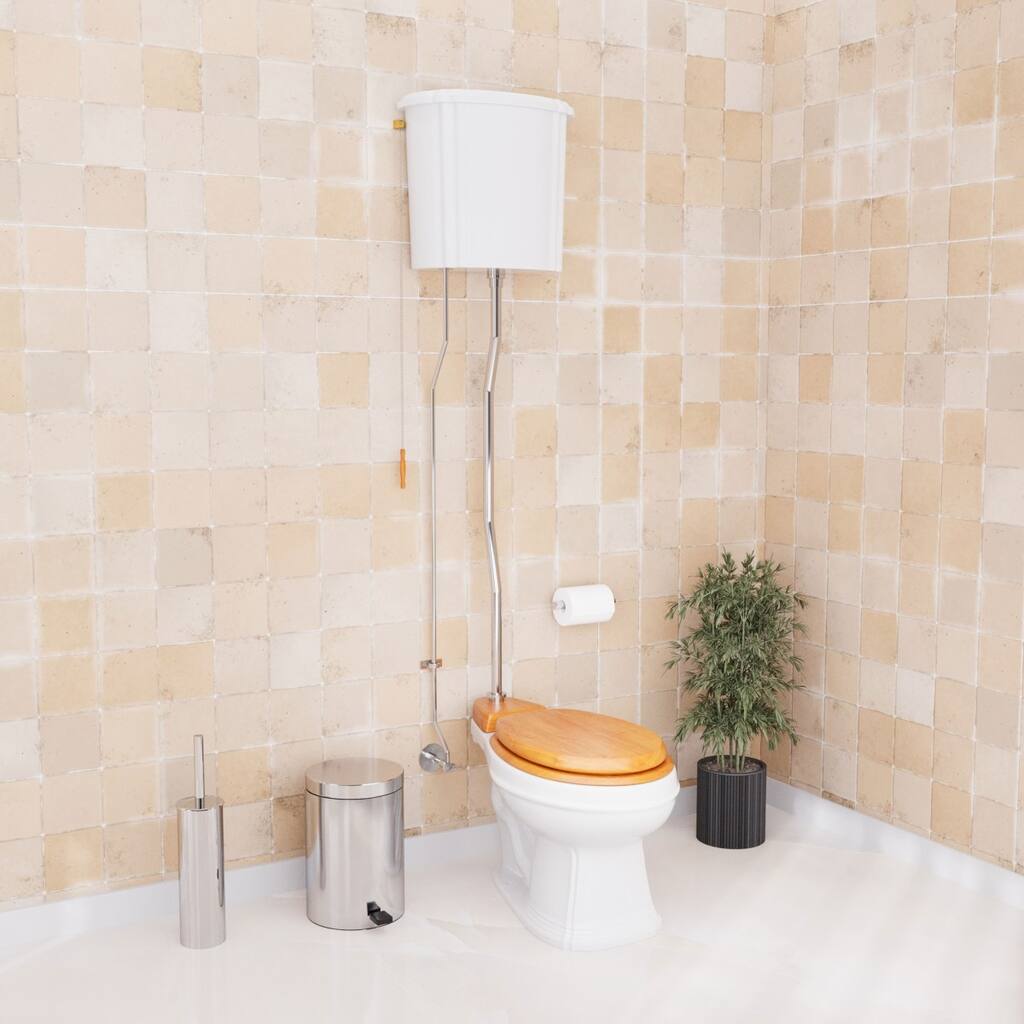 High Tank, Pull Chain Round Toilet White Ceramic Tank, Chrome Plated Z Pipe