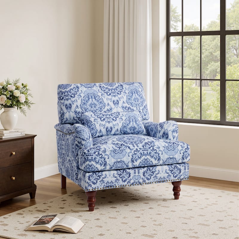 Mid Century Chenille Upholstered Accent Chair with Nailhead Trim - Navy-Linen - Linen
