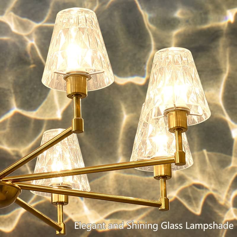 Mid Century Gold Chandelier Modern Pendant Light with Glass Lampshade