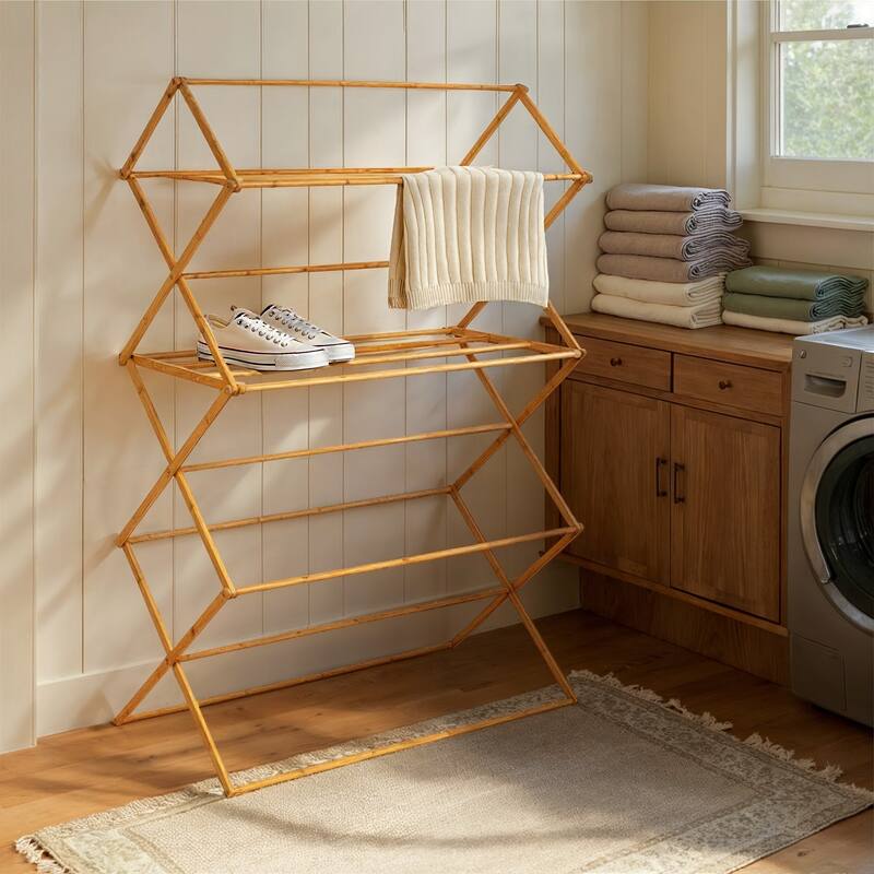 Household Essentials Bamboo Folding Clothes Drying Rack with Sturdy Frame, Folds for Storage