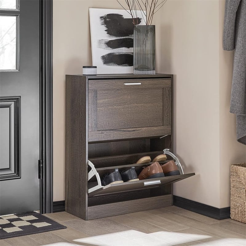 Brown Shoe Cabinet with 2 Flip-Drawers - 9.4"D x 23.6"W x 31.5"H - Mocha